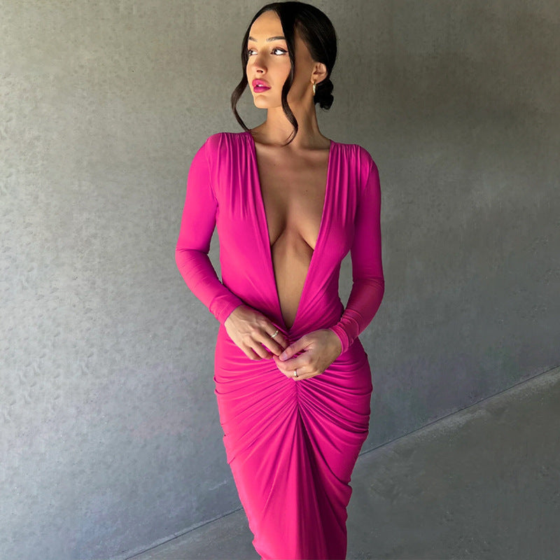 Midnight- Pleated Long Sleeve Backless Bodycon Maxi Dress-CALLISTARI