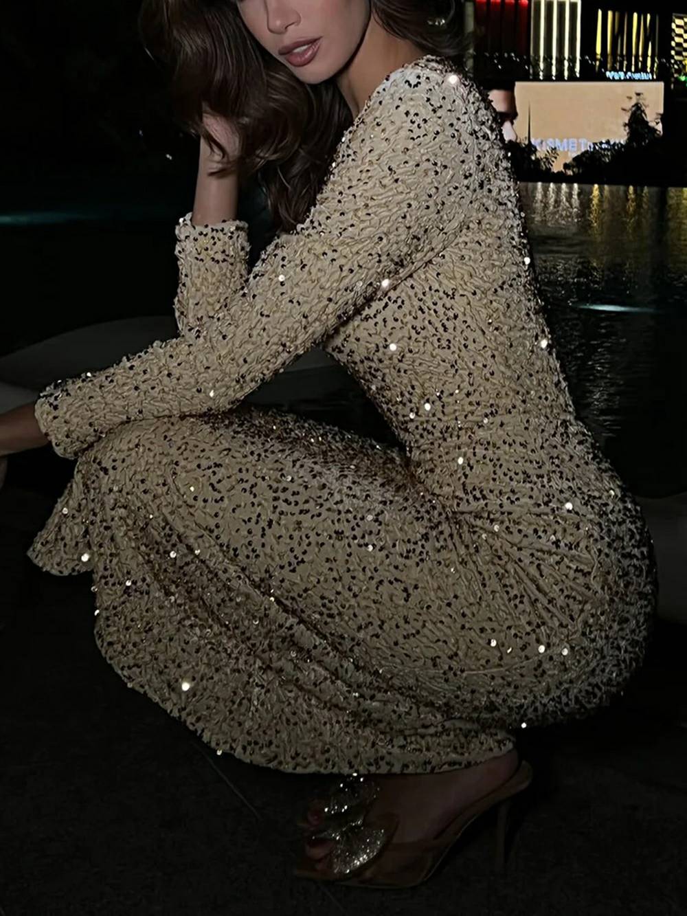Sequin Decorated Velvet Midi Dress In Beige-CALLISTARI