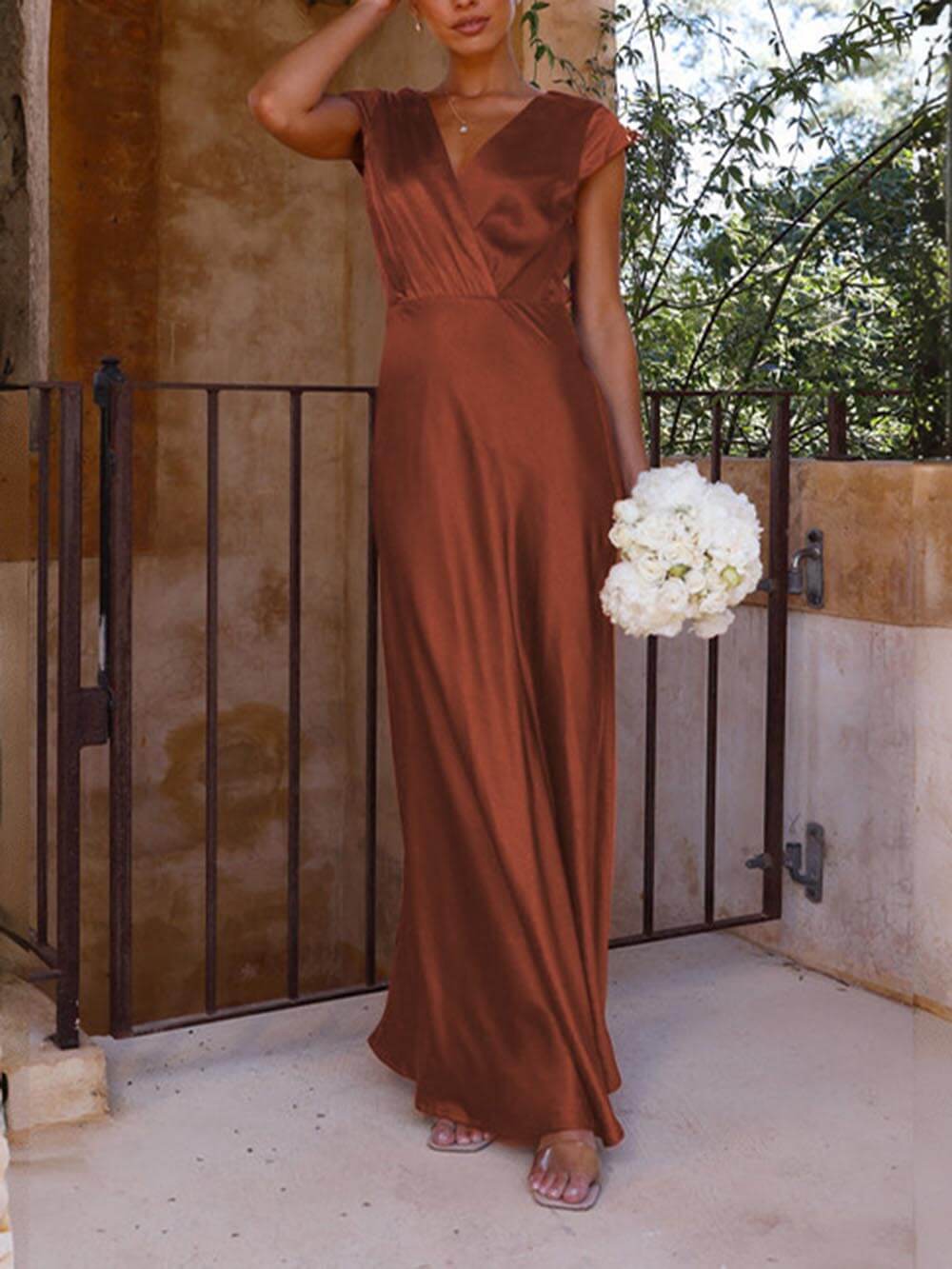 Spring/Summer Satin Solid Color V-Neck Fishtail Party Dress-CALLISTARI
