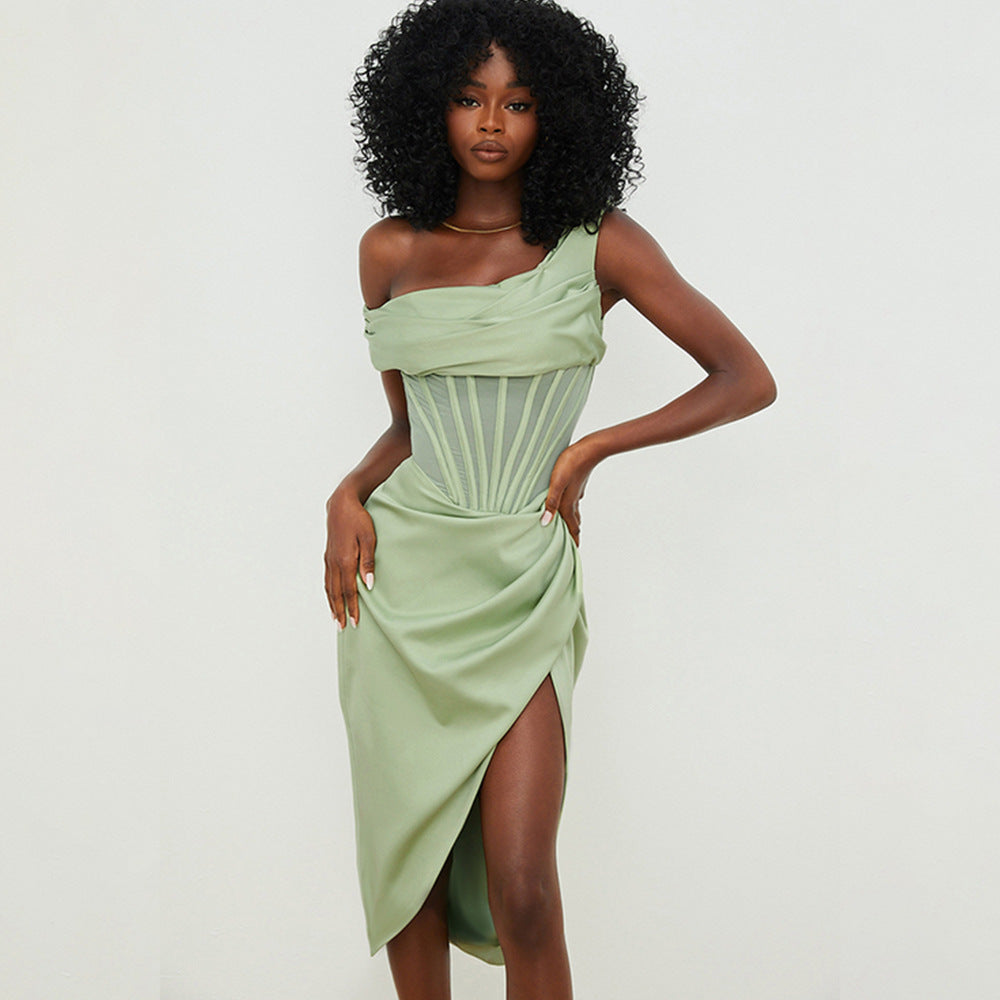Isla Asymmetric Shoulder Stitch Slit Midi Dress-CALLISTARI