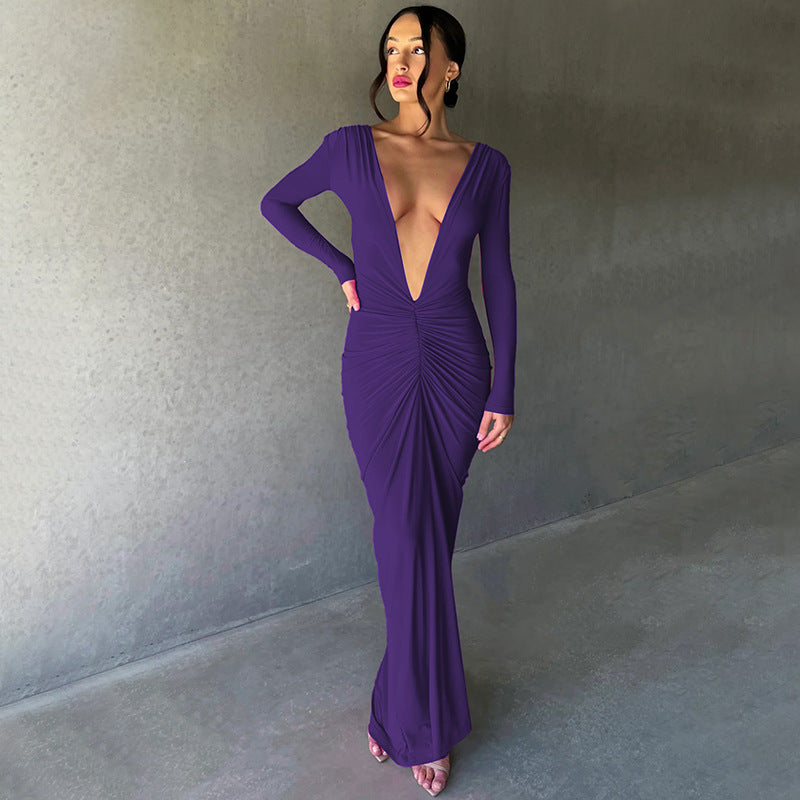 Midnight- Pleated Long Sleeve Backless Bodycon Maxi Dress-CALLISTARI