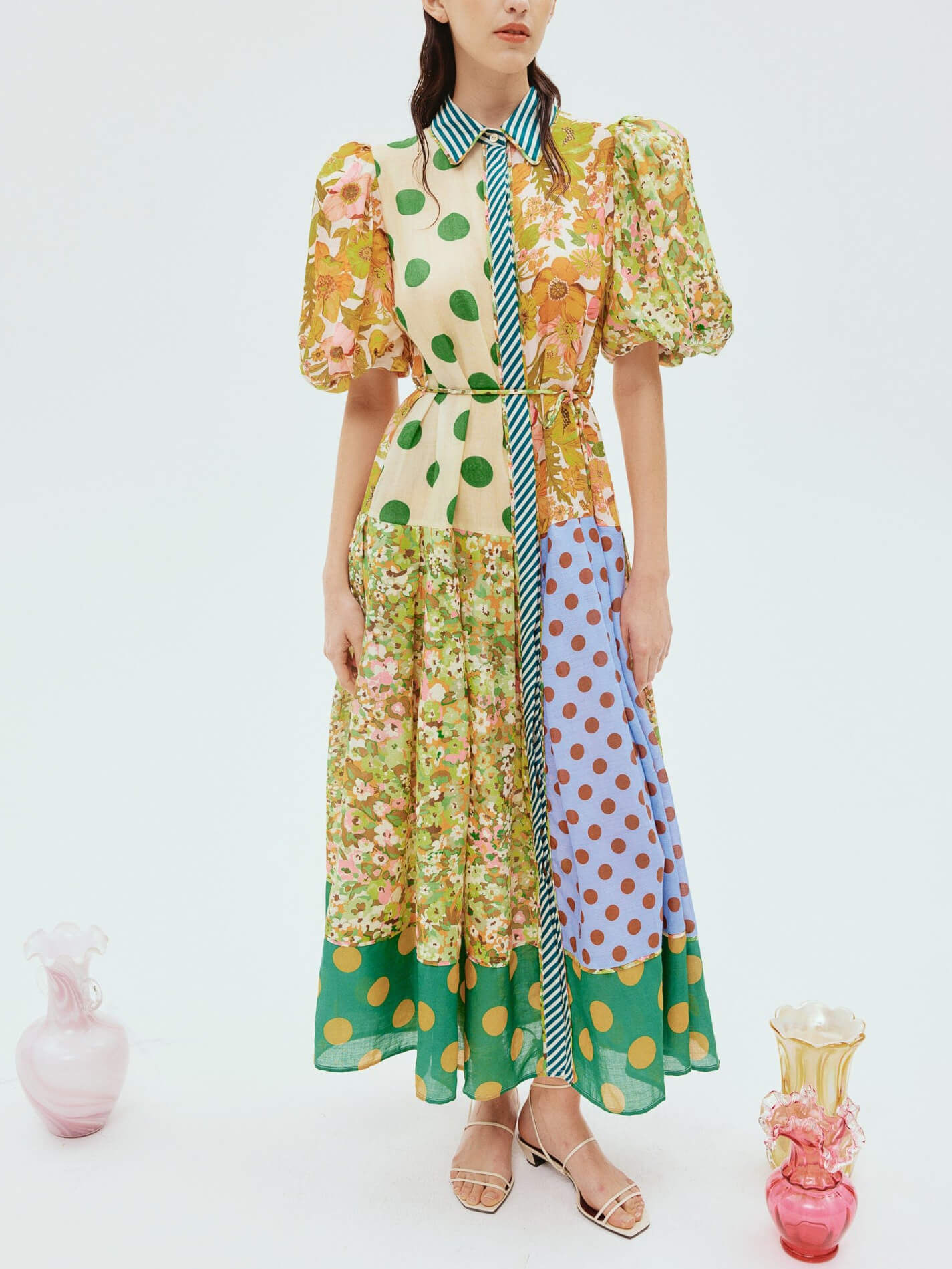 Exquisite Retro Floral Print Puff Sleeve Midi Dress-CALLISTARI