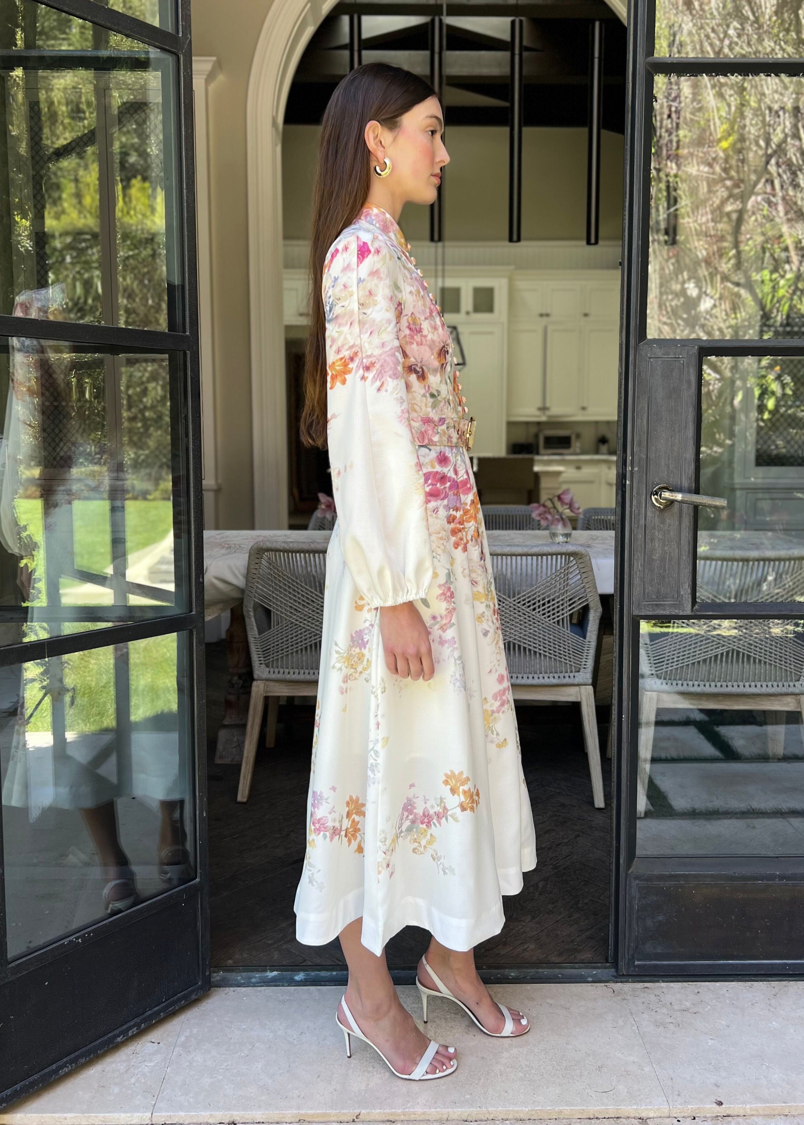 Anastasia Long Puff Sleeve Multicolor Floral Midi Dress