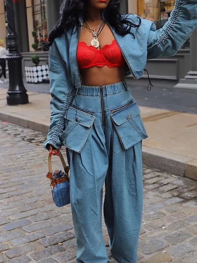 Vintage Wide-Leg Denim Two-Piece-Mesadic