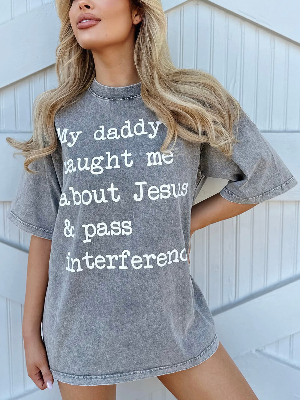 Mineral-Wash My Daddy Taught Me About Jesus & Pass Interference Gray Tee-CALLISTARI