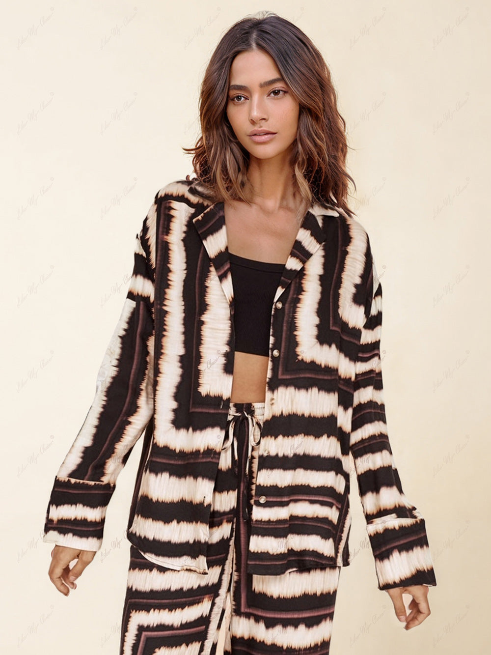 Callistari Signature Strip Textured Chocolate Print Loose Shirt-CALLISTARI