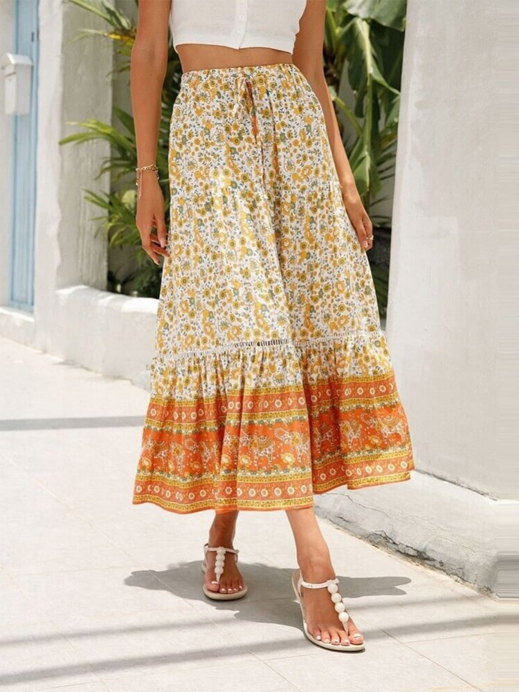 Magnolia Bohemian Floral Print Tiered Skirt-CALLISTARI