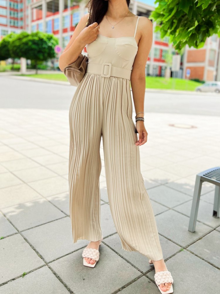 Strappy Jumpsuit With Wide Leg Pleated Detail In Beige-CALLISTARI
