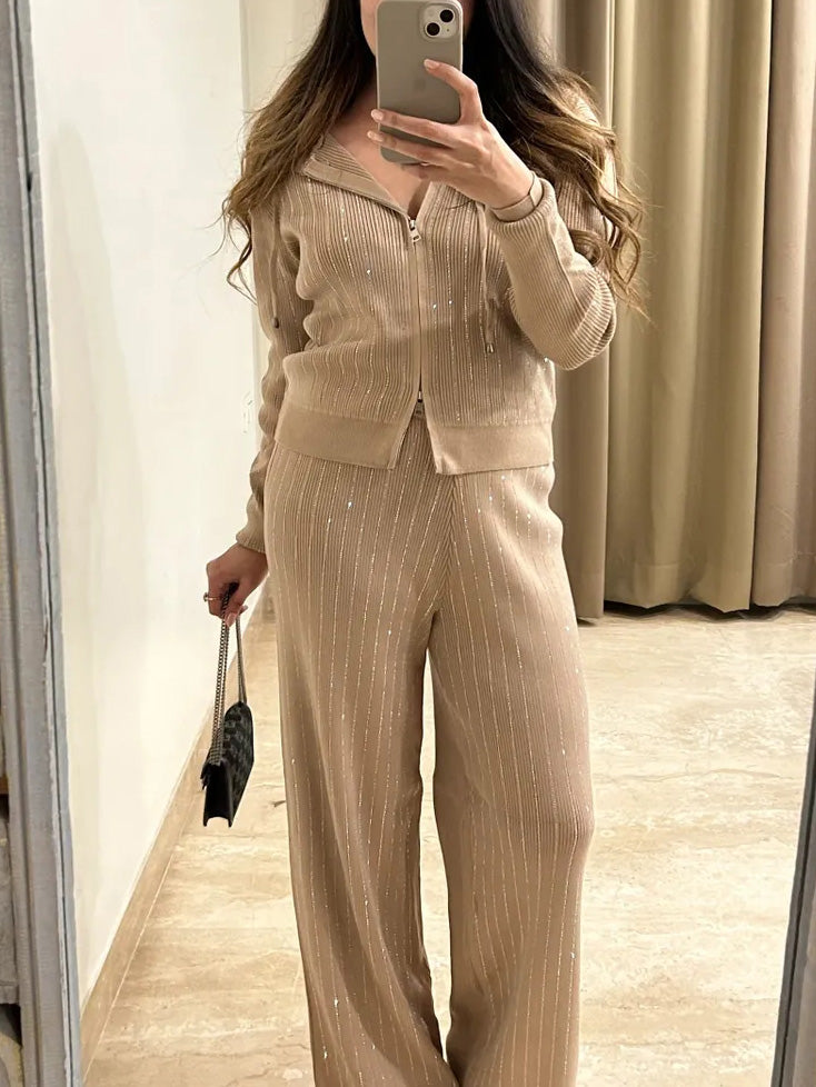 Shiny Silk Hooded Knit Cardigan Pants Set-Mesadic