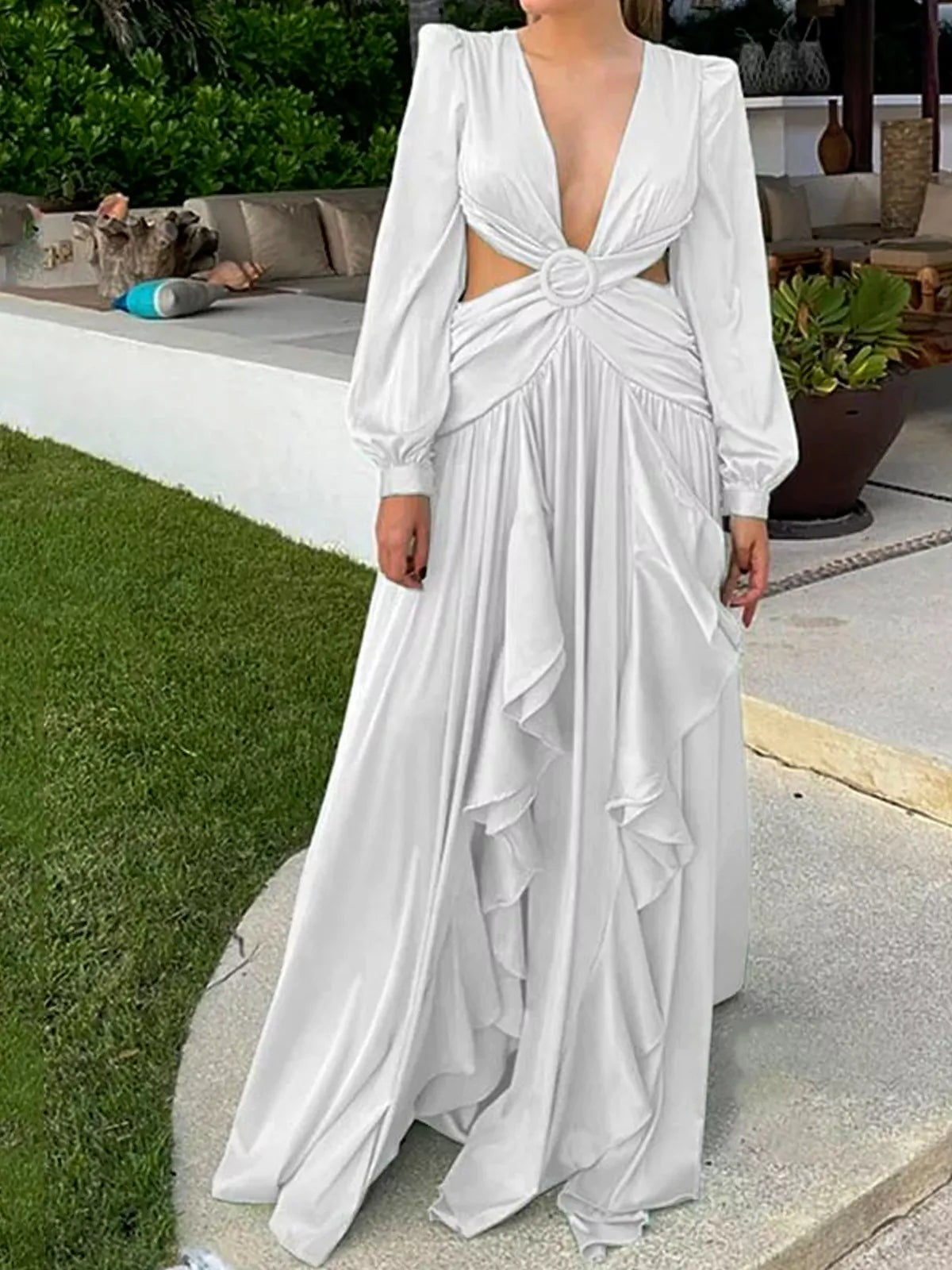 V-Neck Waist Cutout Ruffle Maxi Dress-CALLISTARI