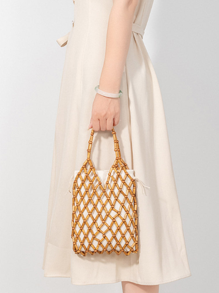 Hollow-Out Wooden Bead Woven Tote Bag-CALLISTARI