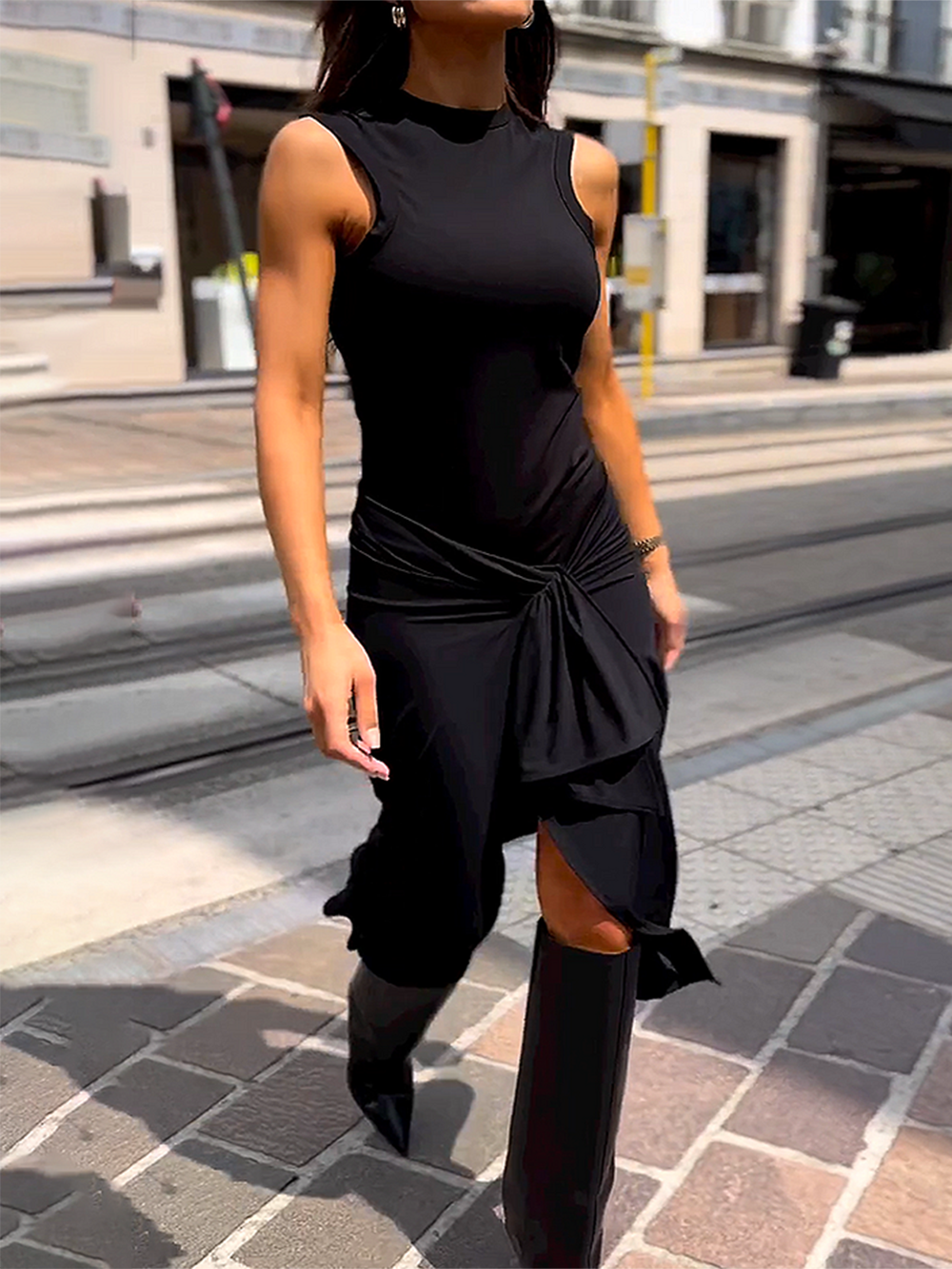 Round Neck Sleeveless Tie Solid Color Dress-CALLISTARI