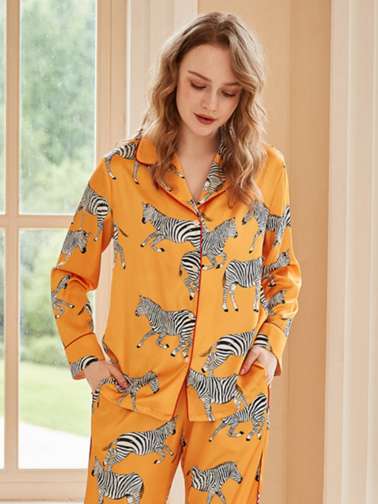 Zebra Print Long Sleeve Loungewear Set - Yellow-Mesadic