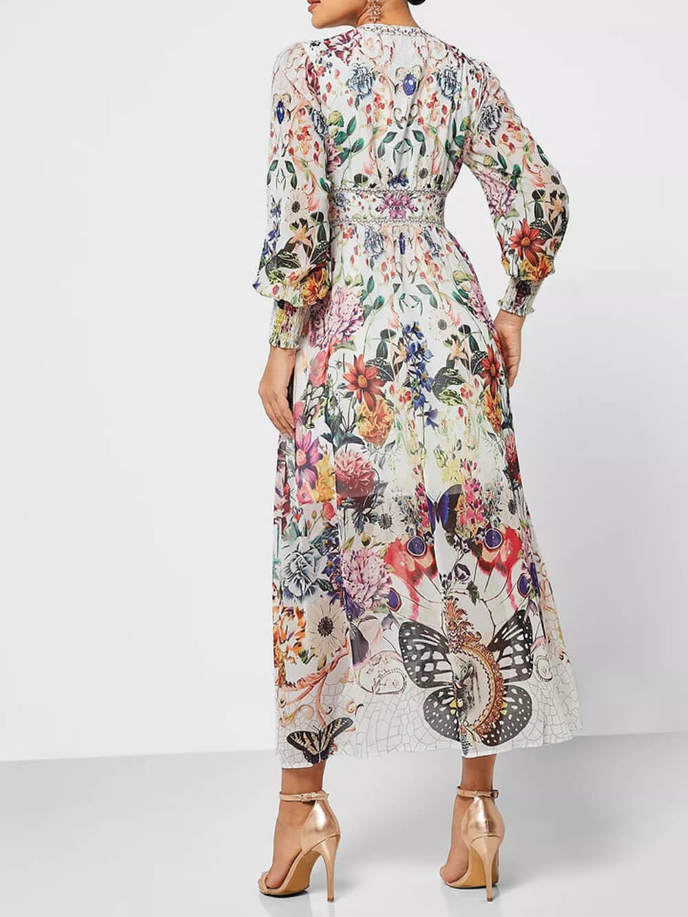 Callistari Botonical Floral Printed V-Neck Chiffon Maxi Dress-CALLISTARI