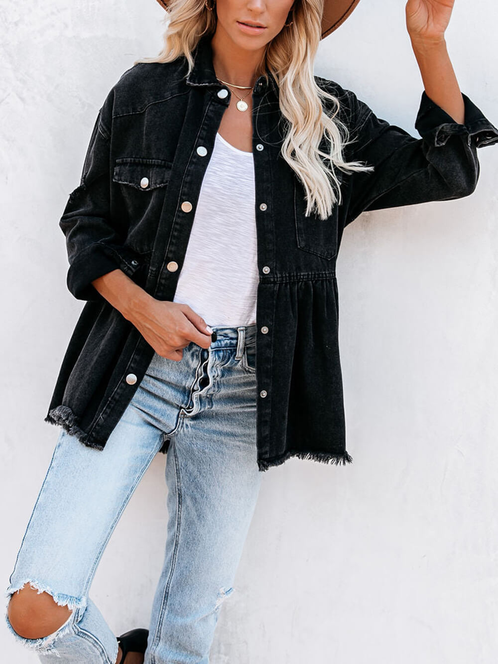 Distressed Denim Button Down Shirt Jacket-CALLISTARI