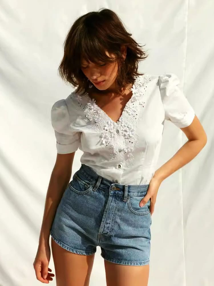Embroidered Lace V-Neck Blouse-CALLISTARI