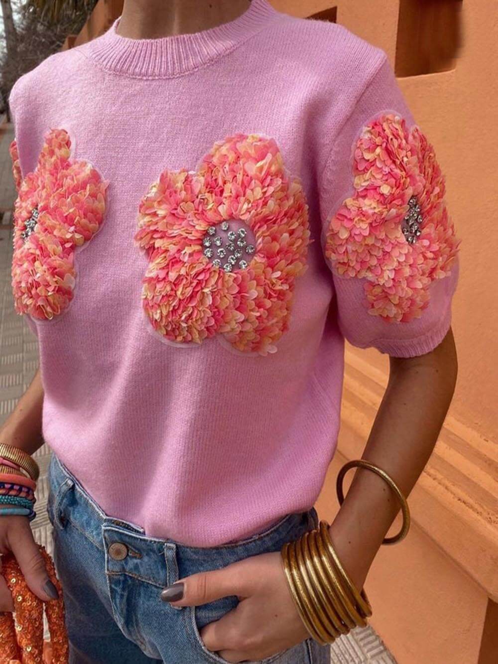 Sweet Contrast Color Flower Round Neck Short Sleeve Sweater-CALLISTARI