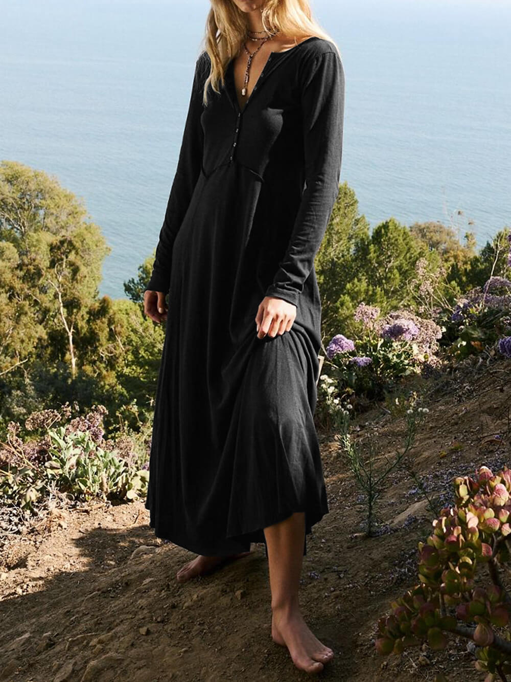 Solid Color Button Maxi Dress-CALLISTARI