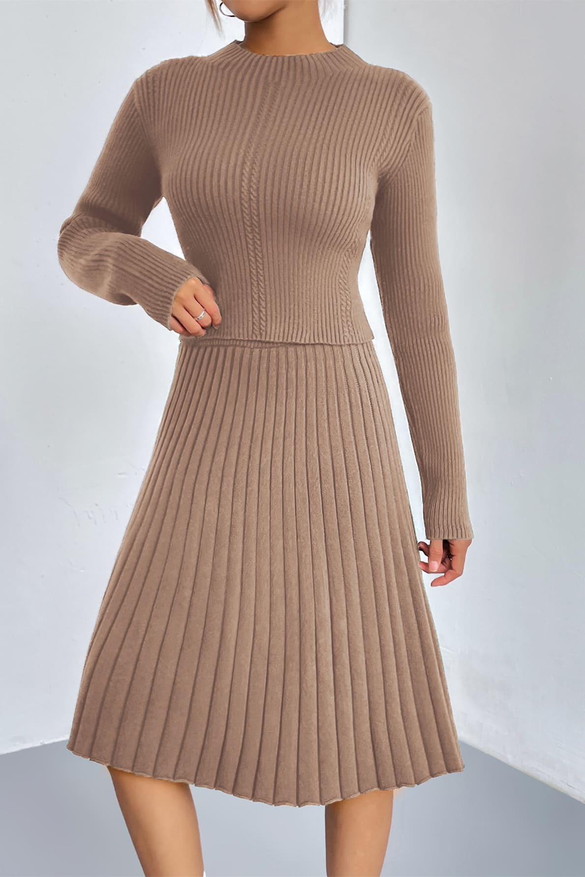 A-Line Knit Sweater Skirt Set-Trafni