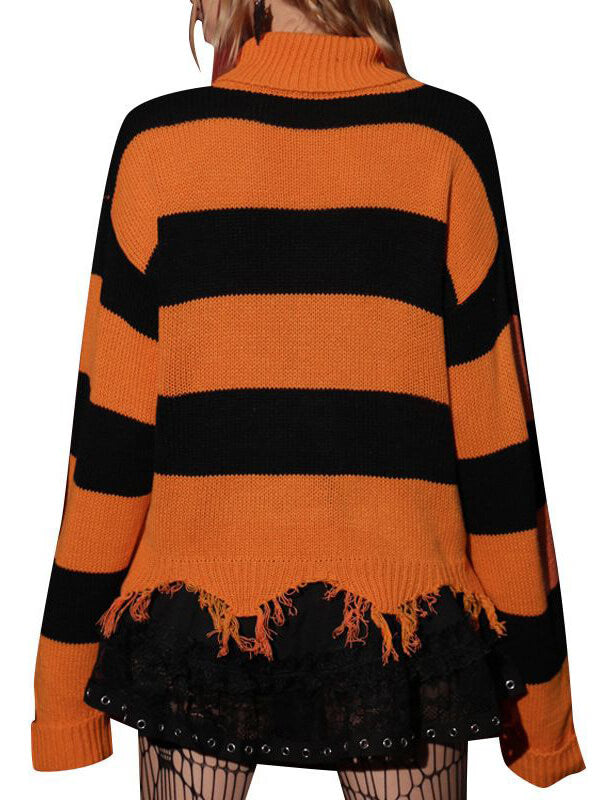 Halloween Cat Stripe Fringe Sweater-CALLISTARI