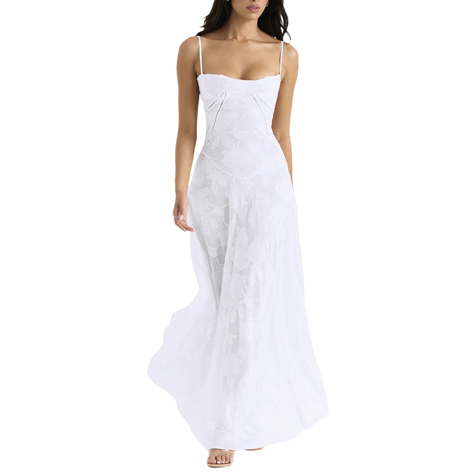 Jessie Floral Jacquard Lace Gothic Party Flowy Slip Maxi Dresses-Black-CALLISTARI