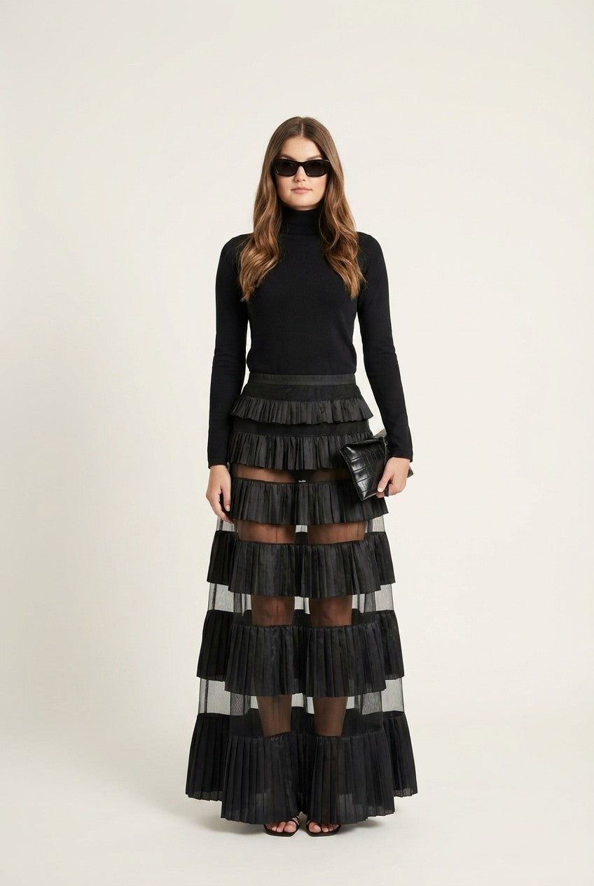 Pleated Sheer Mesh Maxi Skirt 