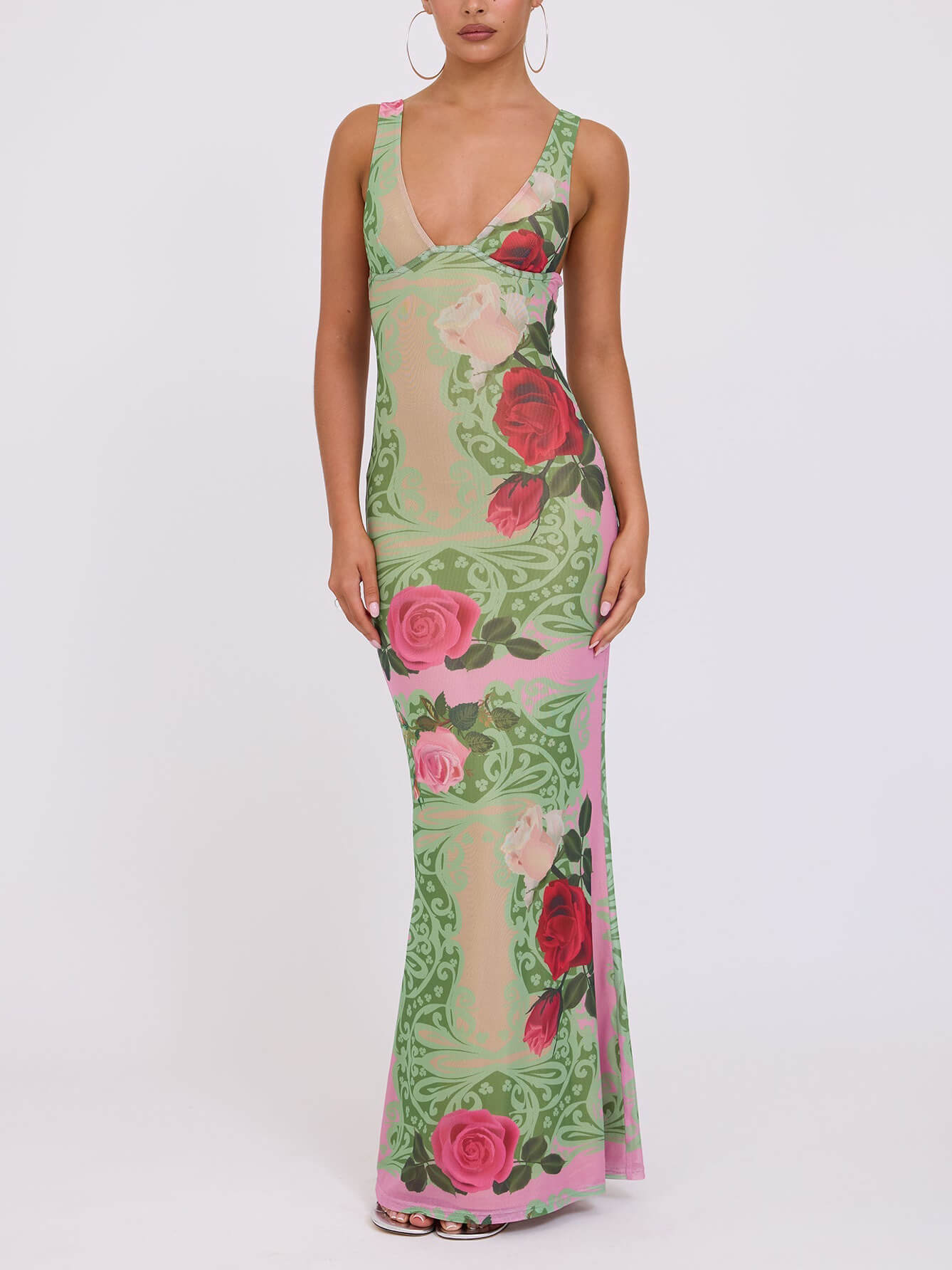 Holiday Style Contrast Rose Print V-neck Maxi Dress-CALLISTARI