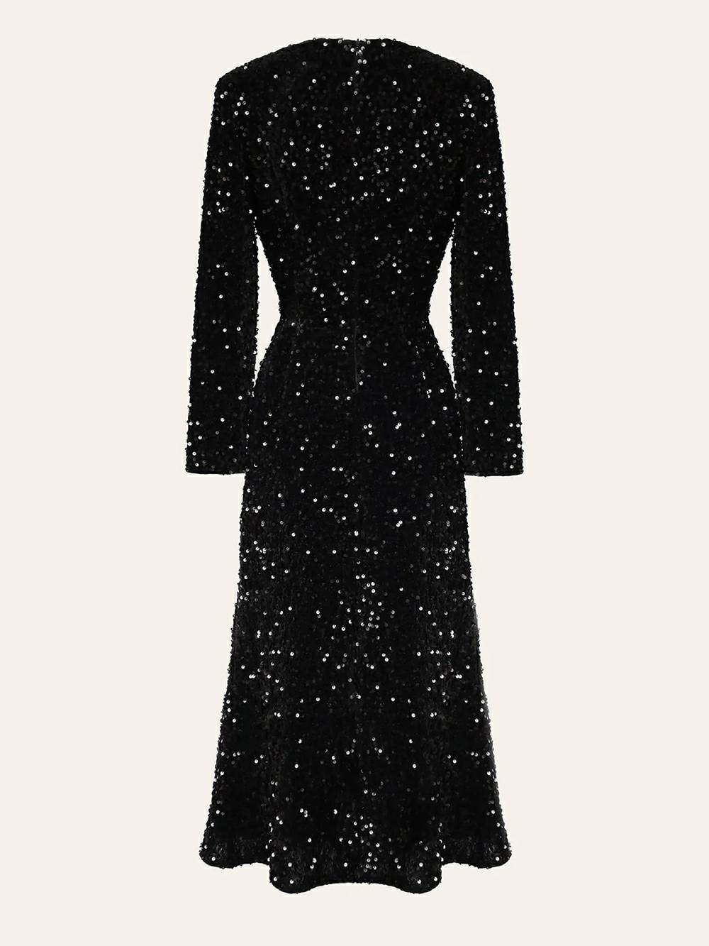 Sequin Decorated Velvet Midi Dress In Black-CALLISTARI