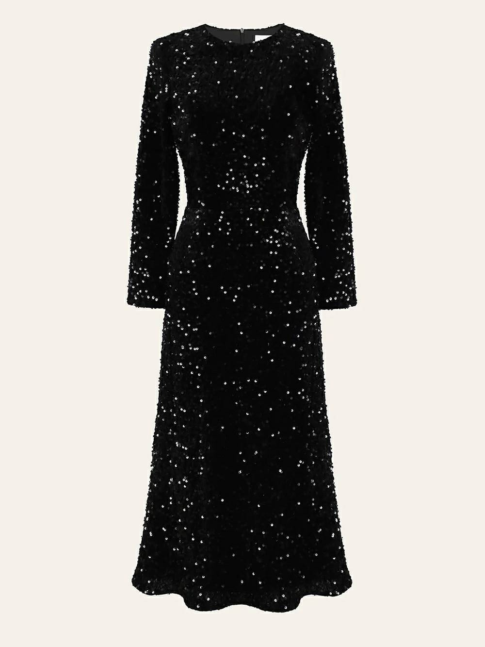 Sequin Decorated Velvet Midi Dress In Black-CALLISTARI