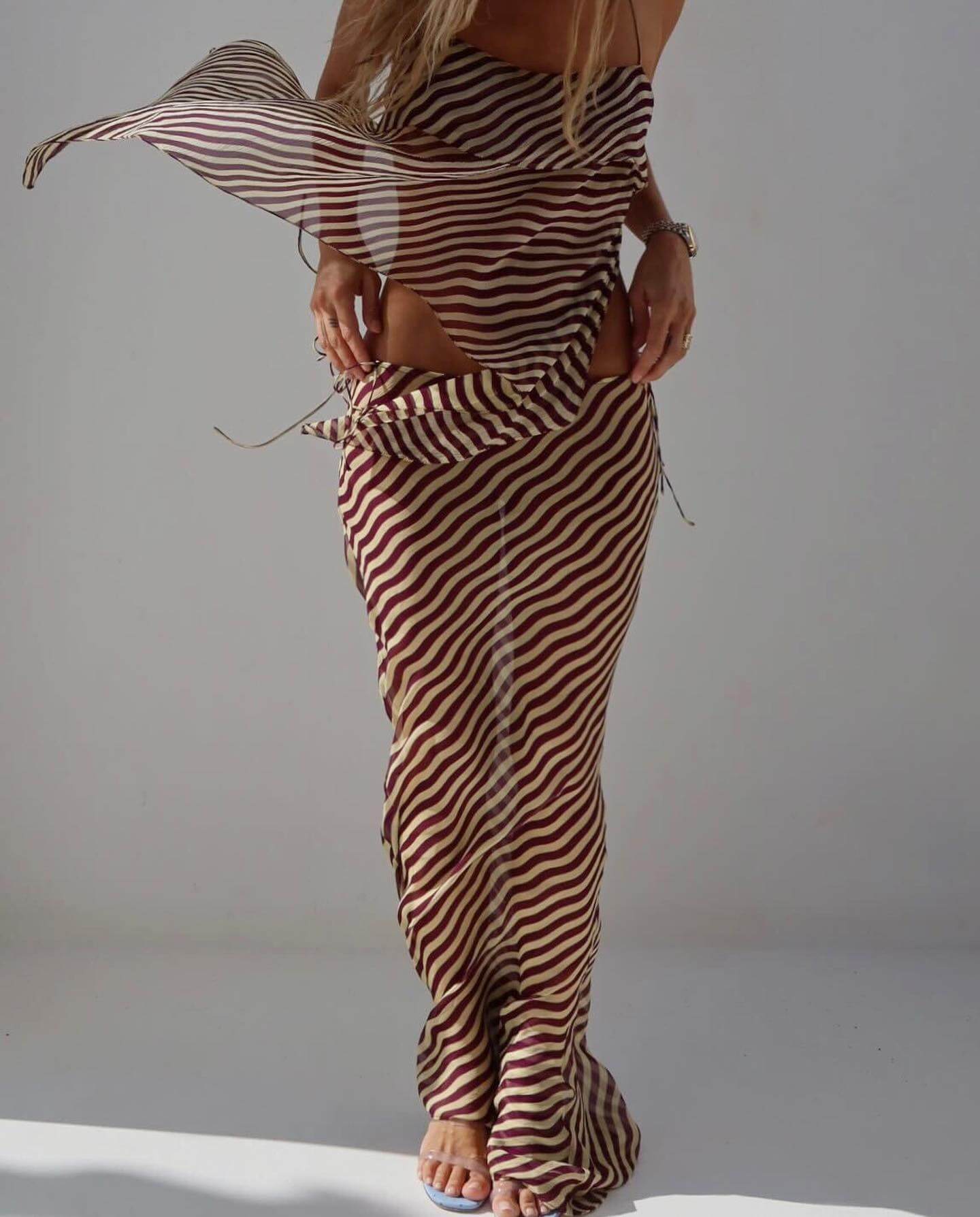 Callistari Striped Sexy Slim Fit Halter Top And Skirt Two-Piece Set-CALLISTARI