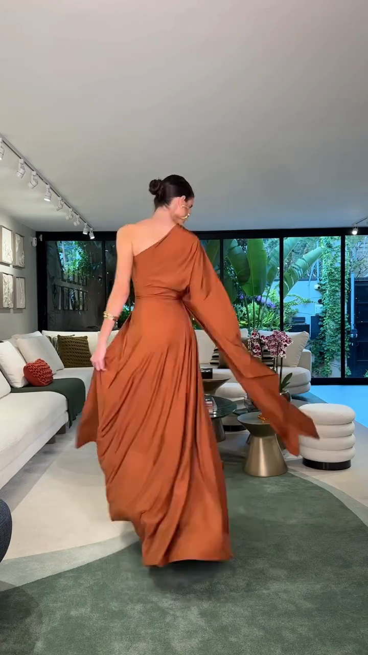 Terracotta-colored one-shoulder pleated maxi dress
