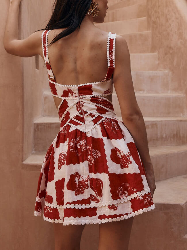 Floral Decorative Unique Print V-Neck Hollow A-Line Mini Dress-CALLISTARI