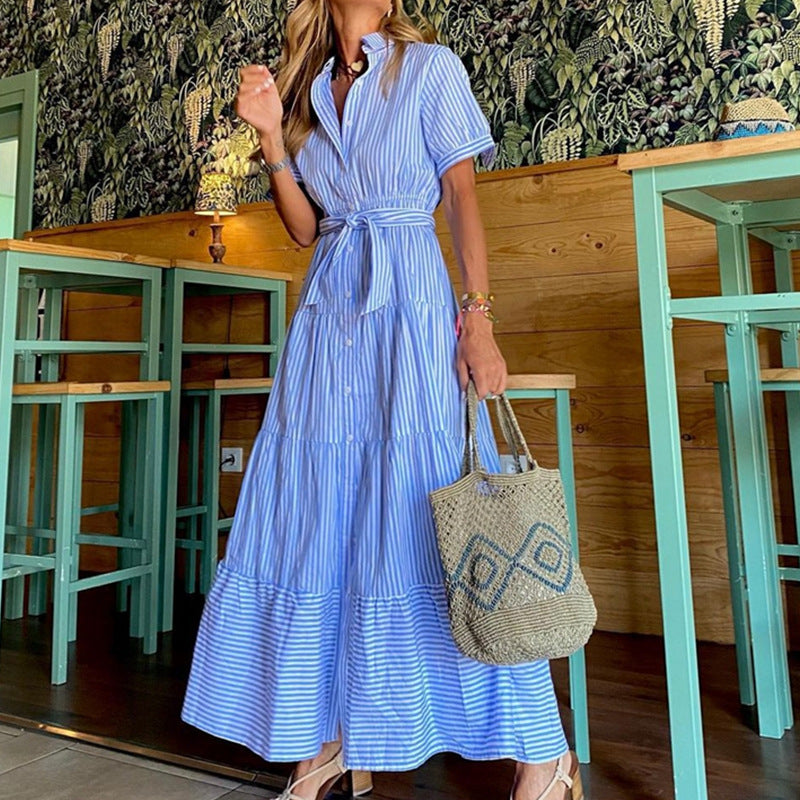 Santorini Breeze-Striped  Maxi Shirt Dress-CALLISTARI