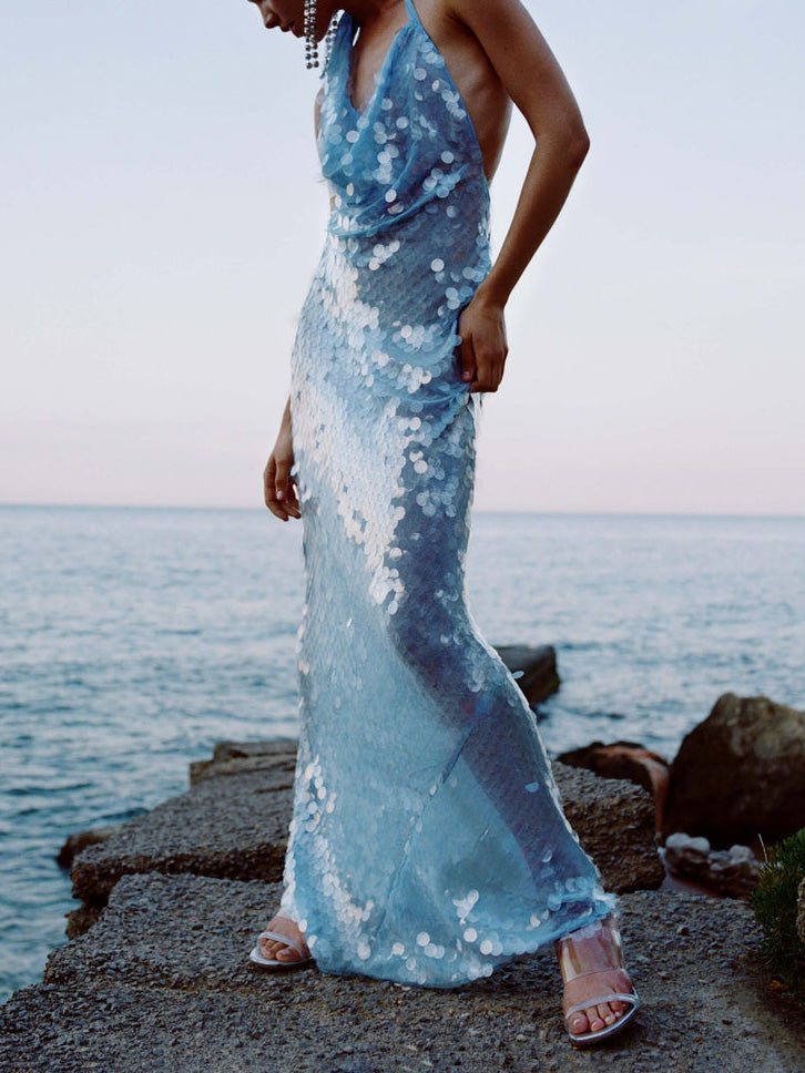 Elegant And Sexy Halterneck Sequined Fishtail Maxi Dress-CALLISTARI