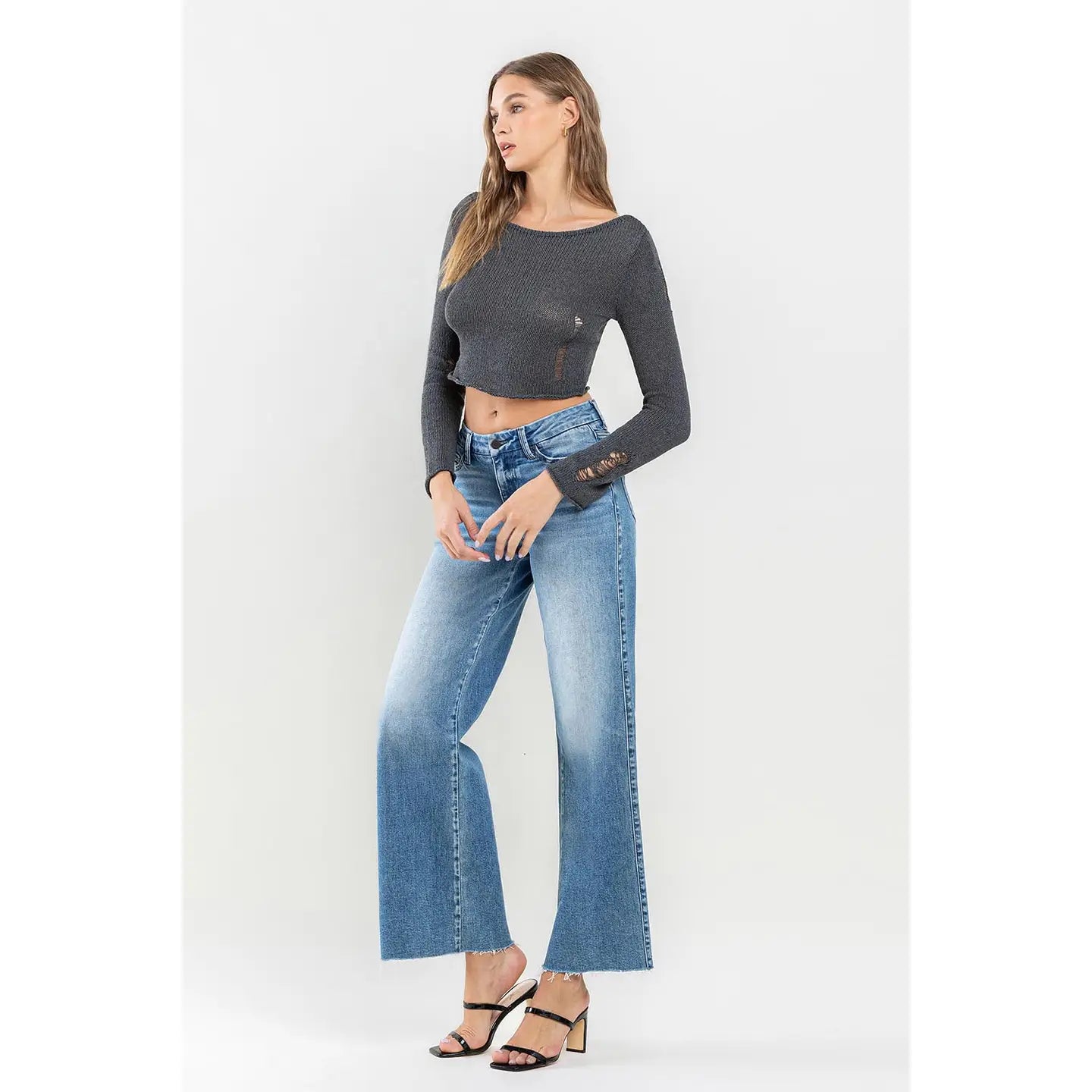 Mid Rise Clean Cut Raw Hem Wide Jeans-Mesadic