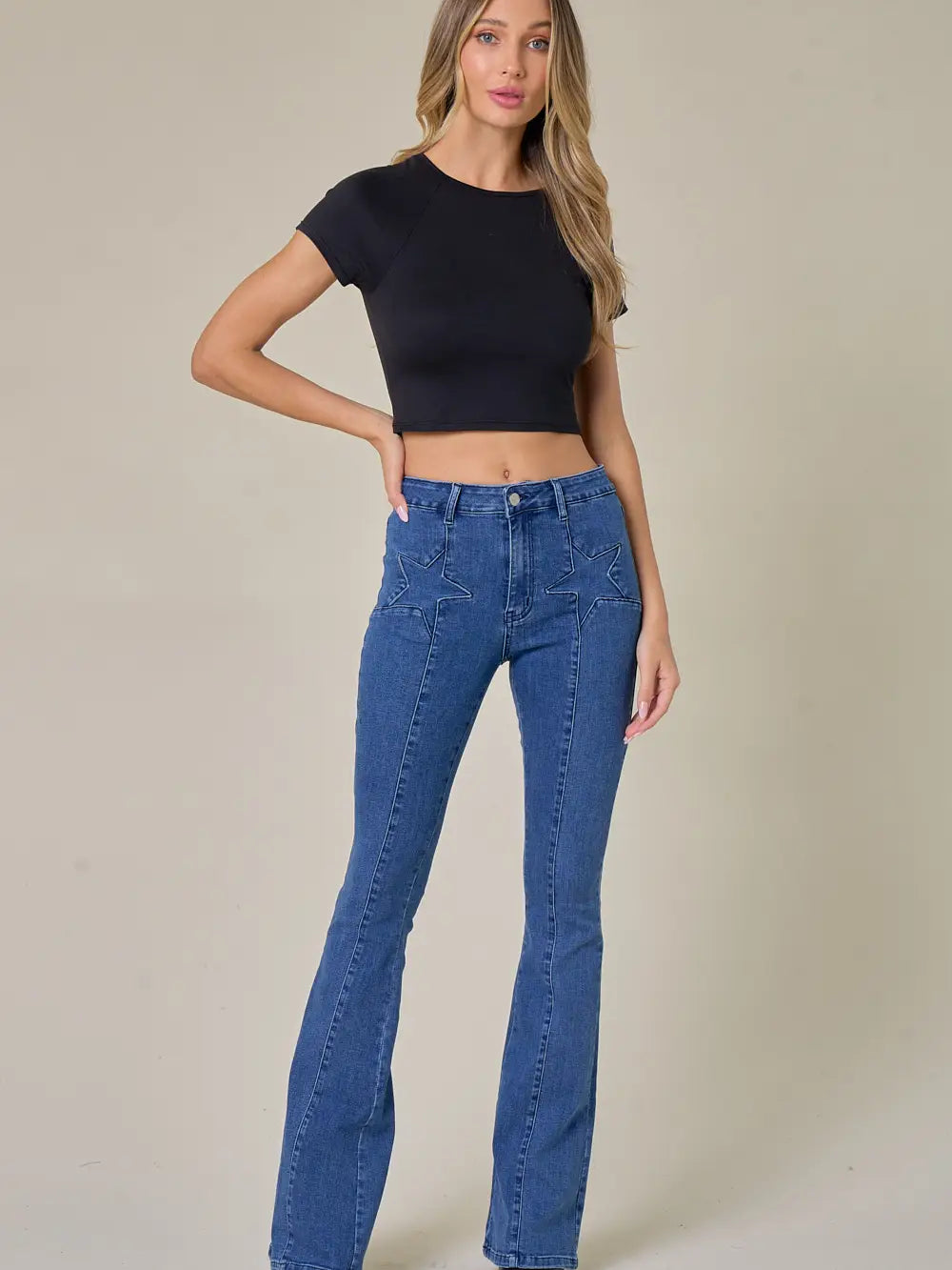 Midtone Star Detail Bell Bottom Jeans-Mesadic