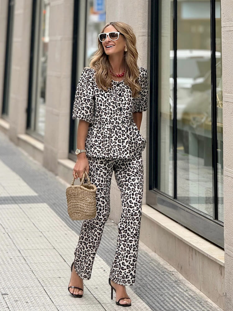 Casual Leopard Print Cardigan and Pants Set-Mesadic