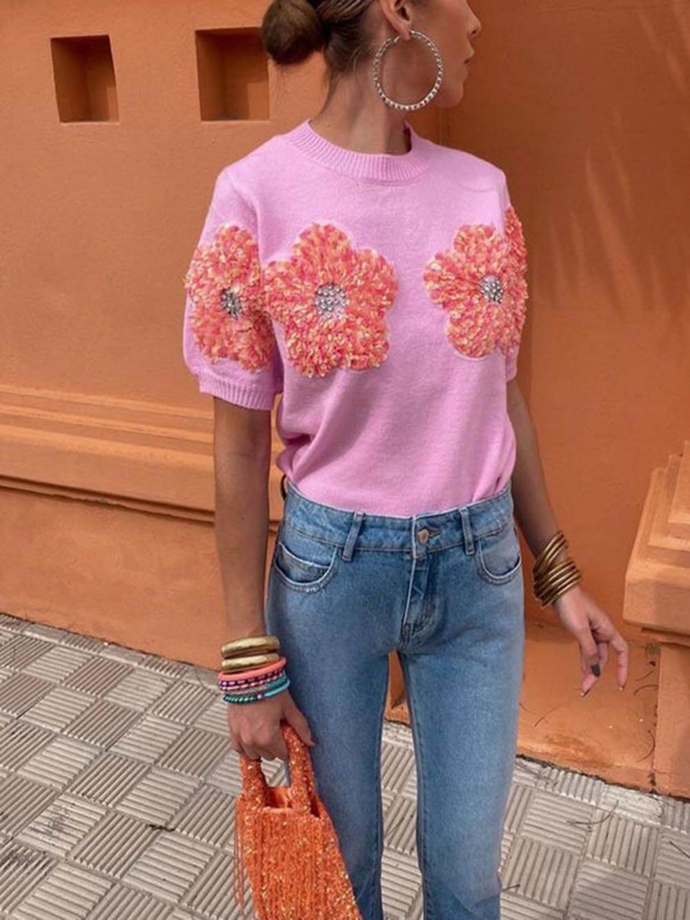 Sweet Contrast Color Flower Round Neck Short Sleeve Sweater-CALLISTARI