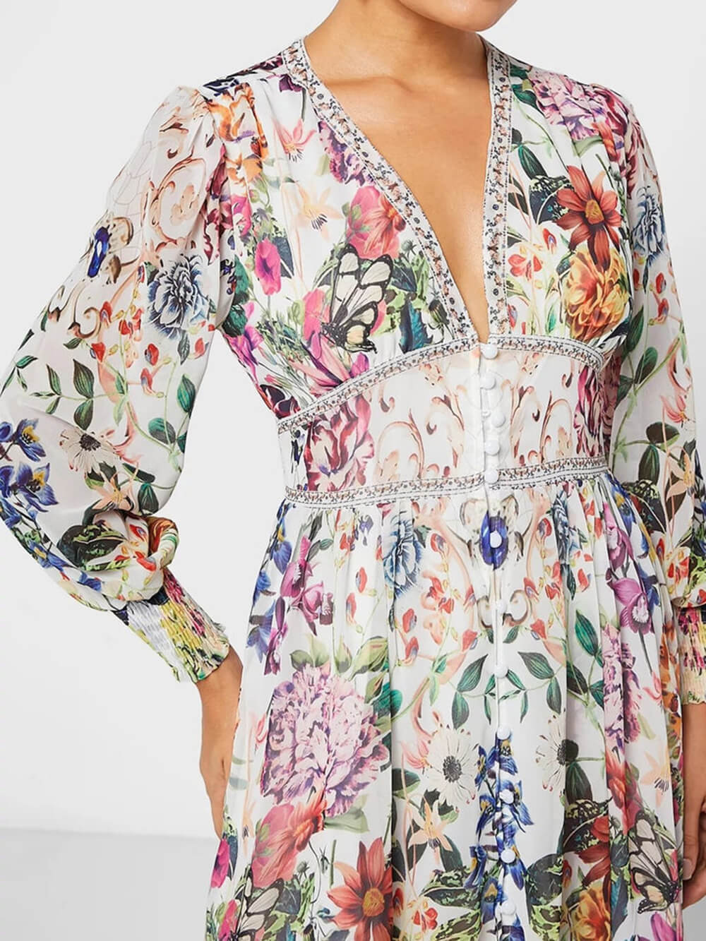 Callistari Botonical Floral Printed V-Neck Chiffon Maxi Dress-CALLISTARI