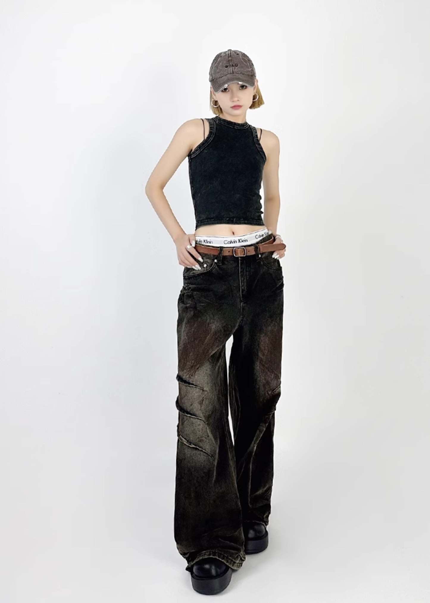 [4/29 New] Double claw mark design grunge rust color wide denim pants HL3039-CALLISTARI