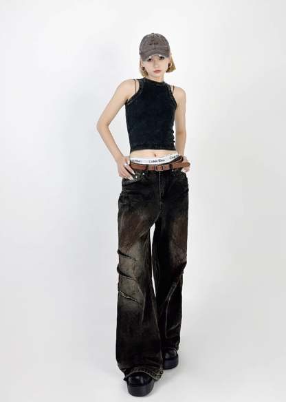 [4/29 New] Double claw mark design grunge rust color wide denim pants HL3039-CALLISTARI