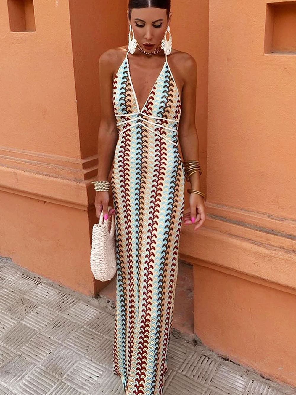 Halter V Neck Backless Boho Pattern Knit Slim-Fit Vacation Maxi Dresses-Beige-CALLISTARI