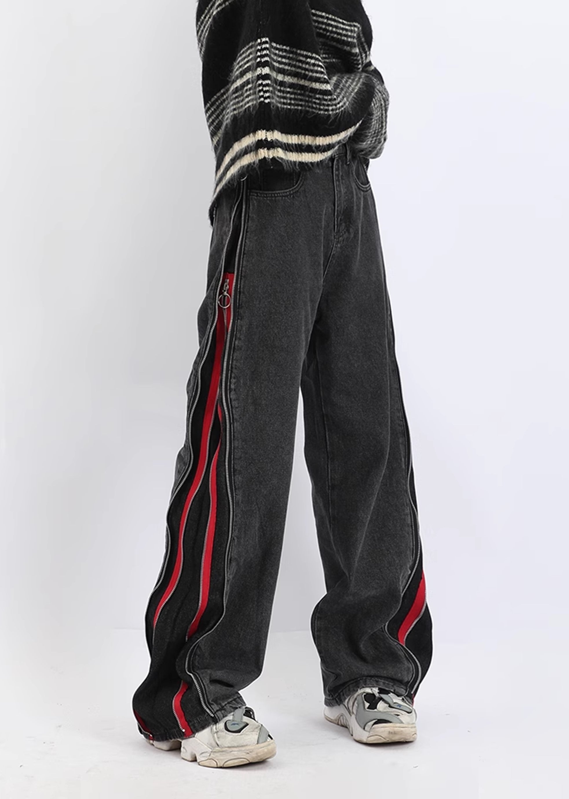 【7/15新作】Red color multiple side line design zipper denim pants  HL3058-CALLISTARI