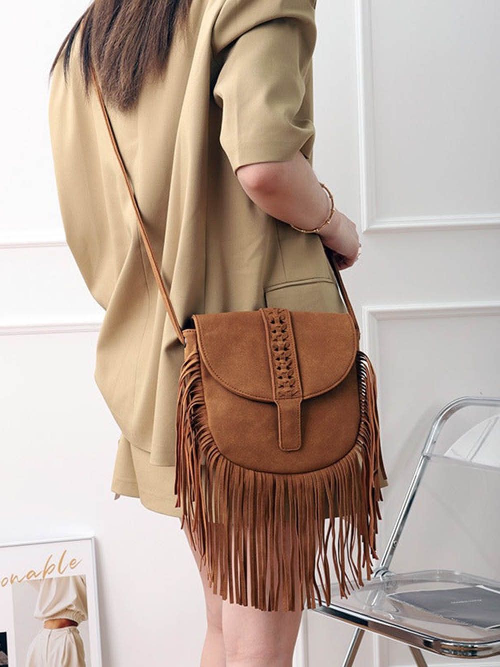 Woven Semi Circular Leather Tassel Crossbody Bag-CALLISTARI