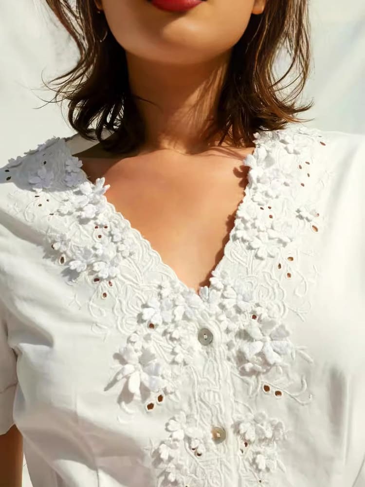 Embroidered Lace V-Neck Blouse-CALLISTARI