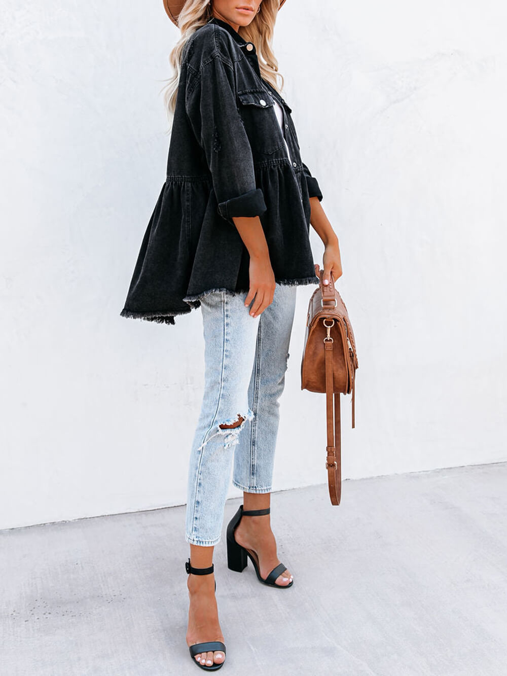 Distressed Denim Button Down Shirt Jacket-CALLISTARI