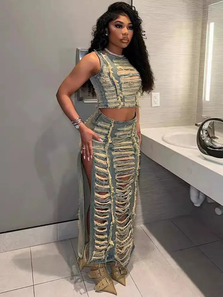 Trendy Denim Set Women-Mesadic