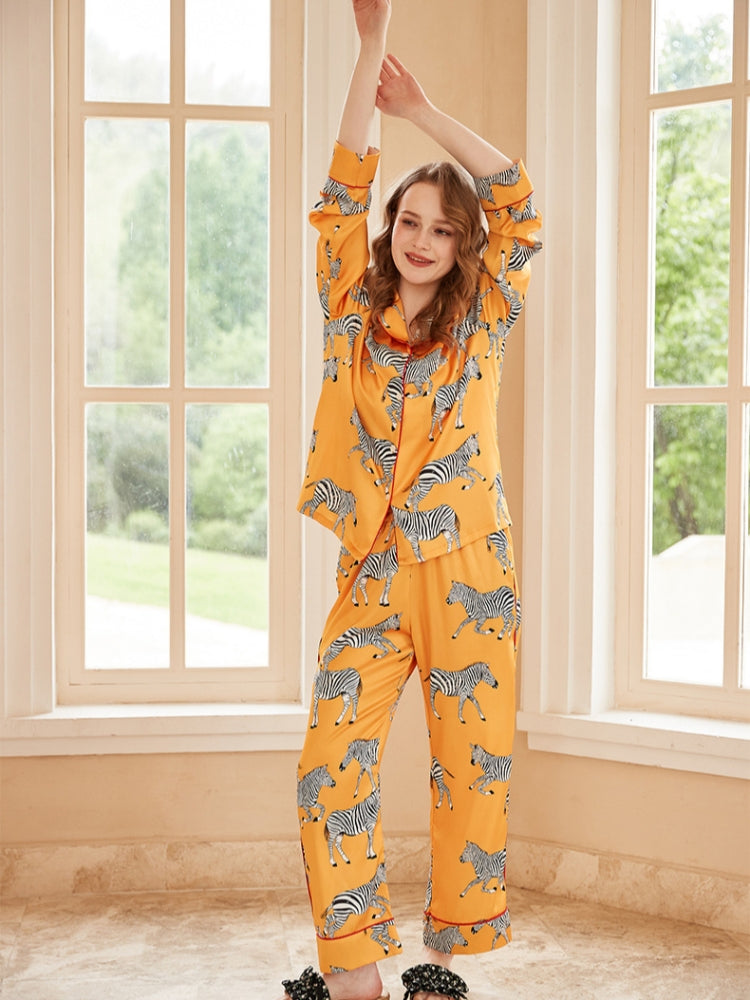 Zebra Print Long Sleeve Loungewear Set - Yellow-Mesadic