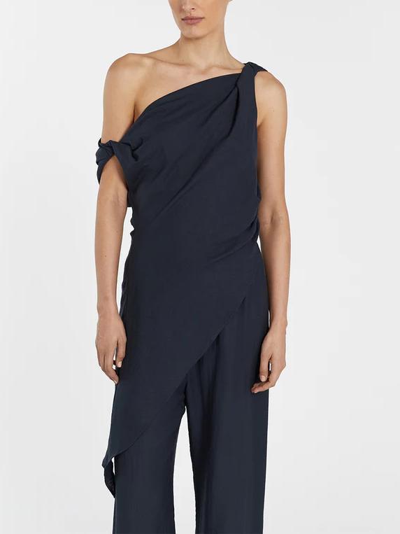 Asymmetrical Twist Detailing Top Linen Blend Pants Set-Mesadic