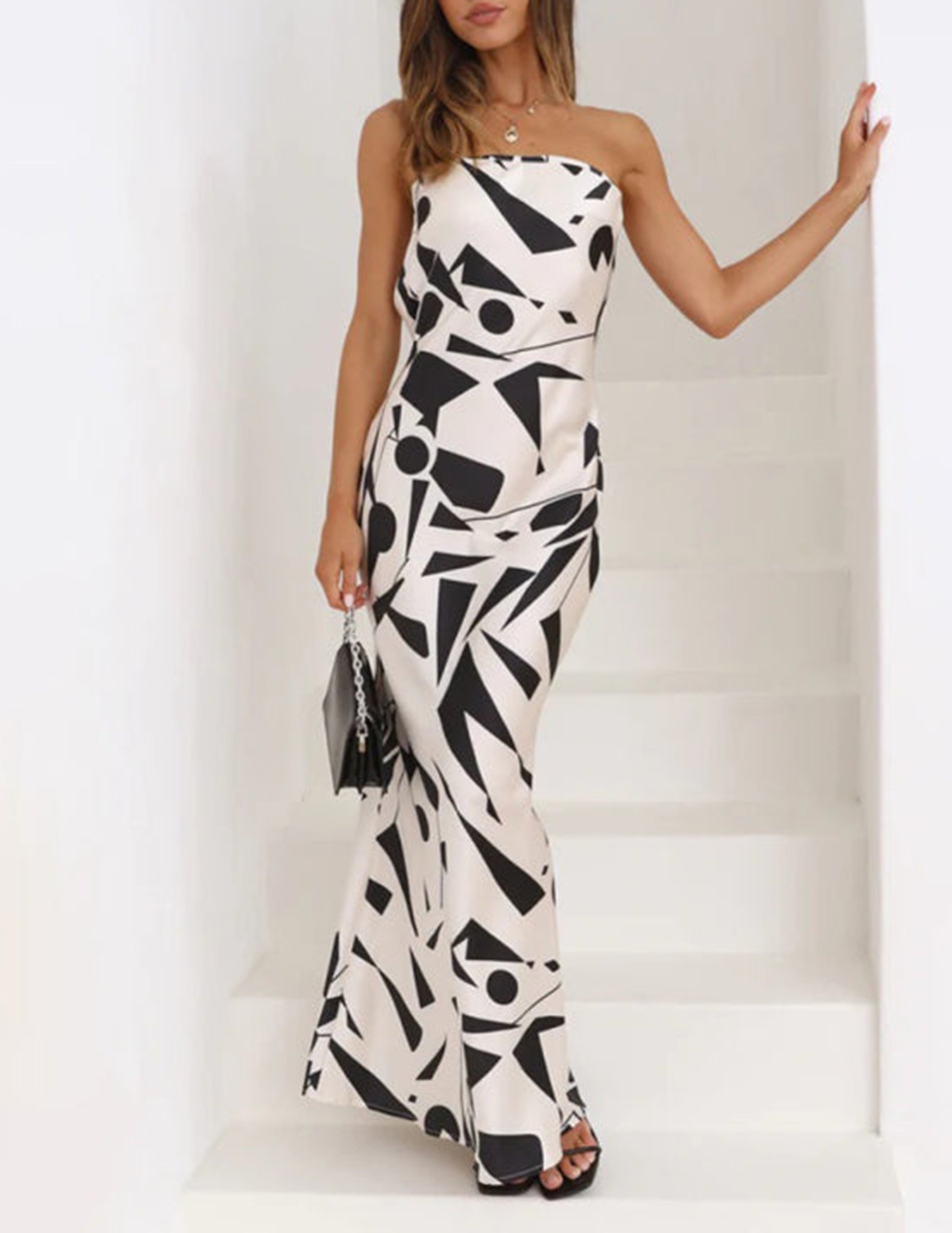Satin Geometric Print Off Shoulder Maxi Dress-CALLISTARI
